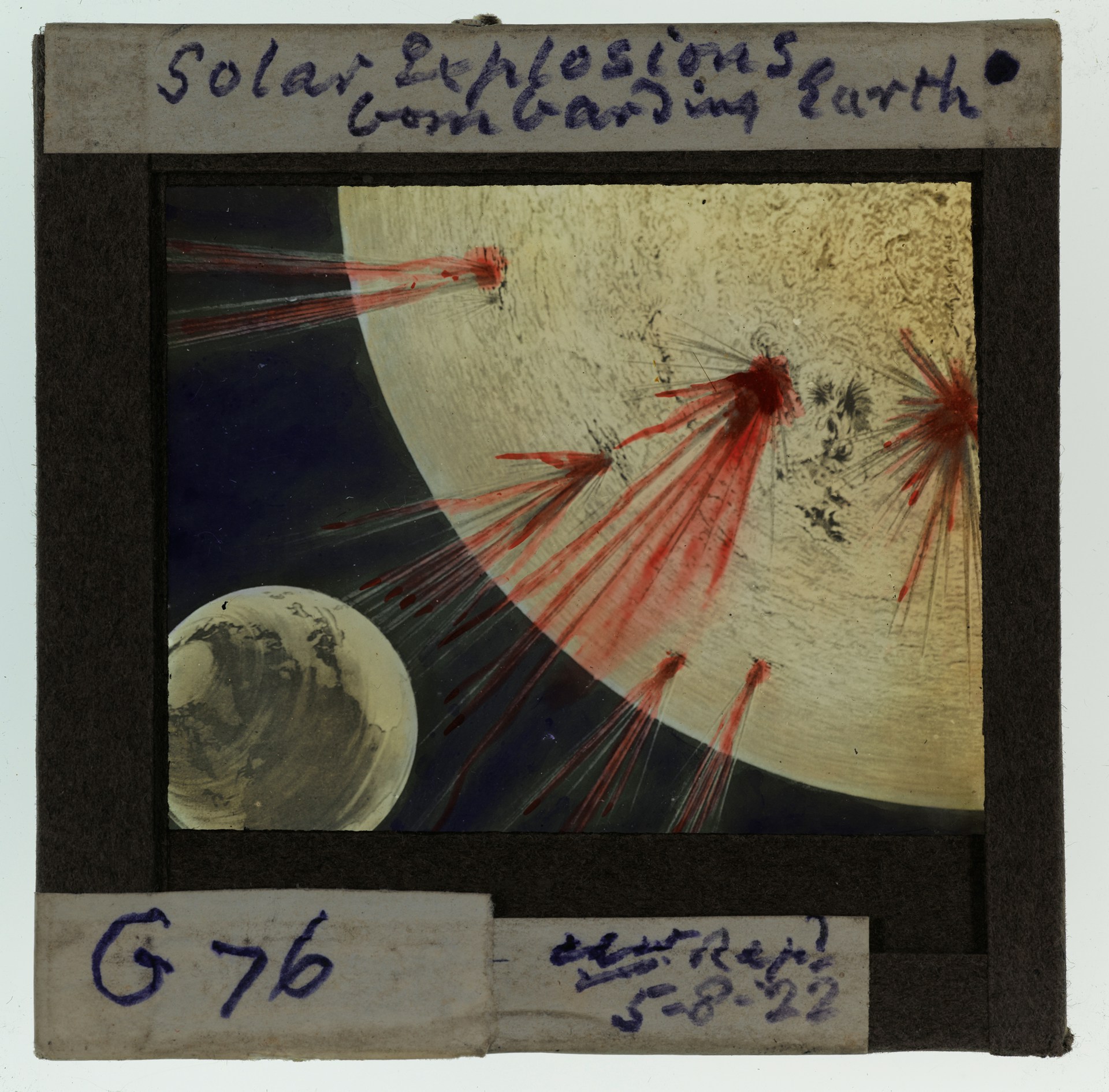 The Sun with 6 solar explosions radiating towards Earth.